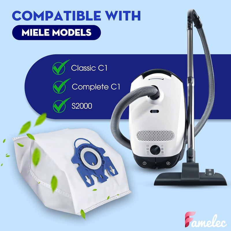 FAMELEC مجموعة استبدال فلتر هيبا AirClean SF-HA 30 وحقائب مكنسة كهربائية AirClean 3D Efficiency GN البديلة لنماذج Miele Classic C1 وComplete C1 وS2000... 12 حزمة من أكياس المكنسة C1 و4 فلاتر - Image 3